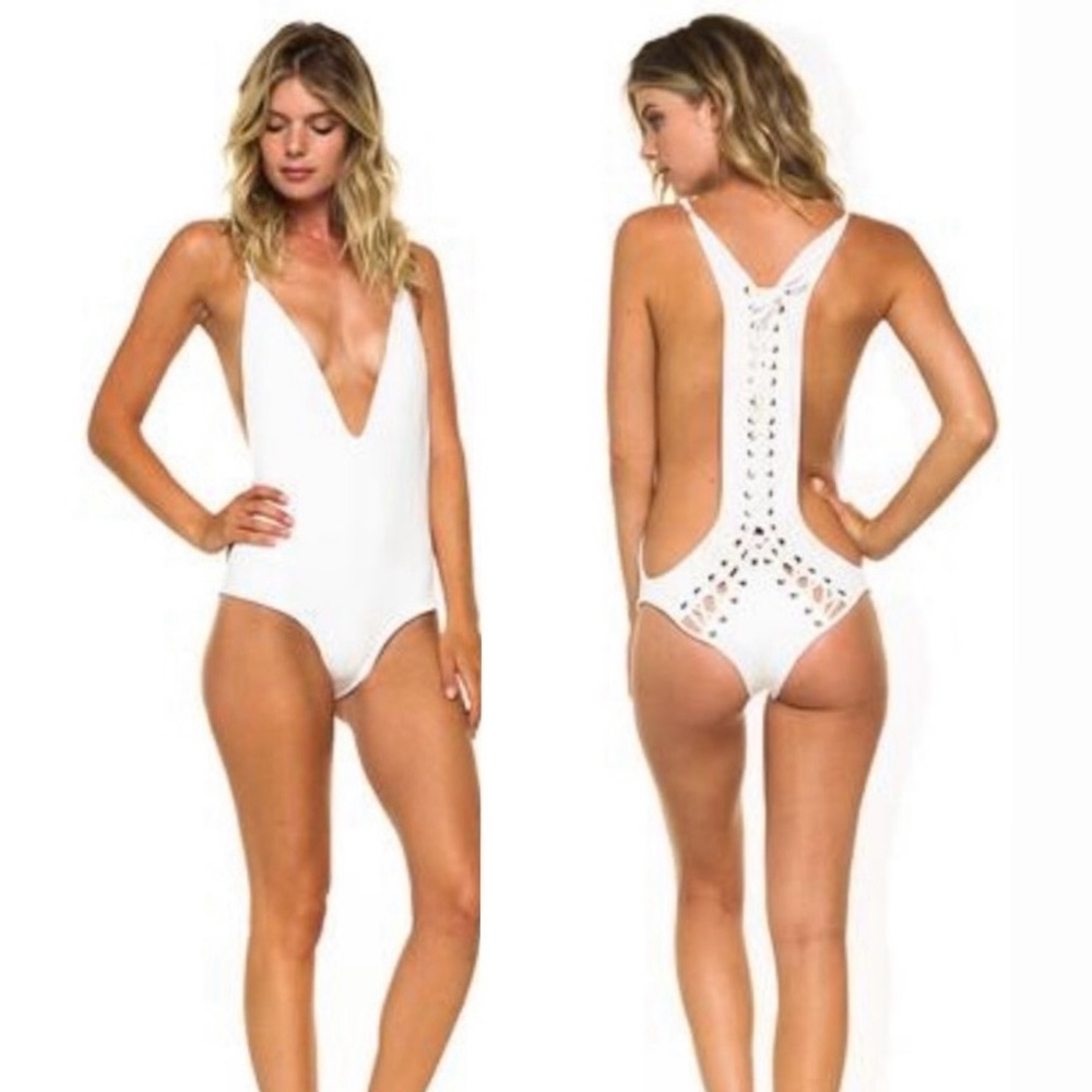 Pacific + & Driftwood Avry Deux one piece swimsuit festival leotard lace up 70s